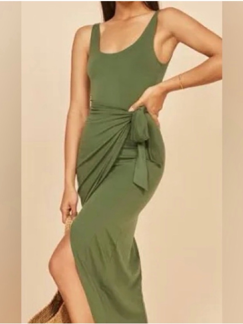 Reformation - Kalia Olive Green Midi Dress with Side Tie